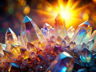 Sparkling Quartz Crystals: Close-up Sunlight Reflection on Gemstones