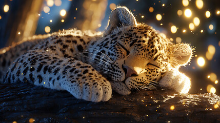 photorealistic image of leopard resting peacefully on tree, surrounded by soft glowing lights, creating serene atmosphere