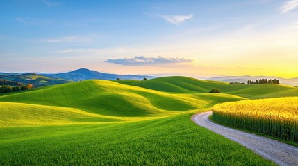 Obraz premium Rolling green hills meet golden wheat fields under a sunset