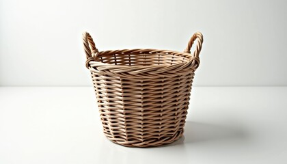 Obraz premium Photorealistic empty wicker laundry basket mockup on white background.