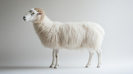 Fototapeta premium Fluffy white ram, studio shot, neutral background, agriculture