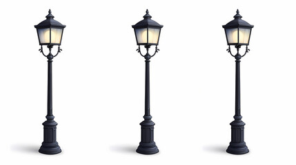 Vintage street lamp with a black base and illuminated glass shade on white background. Phantom-Lit Street Lamps. Illustration