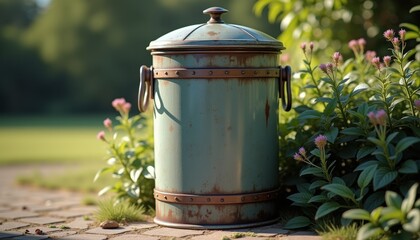 Stylish trash bin mockup, vintage-style metal trash can with rustic finish, positioned outdoors with natural elements around, soft natural lighting with realistic textures