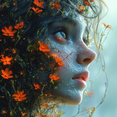 Fototapeta premium Ethereal portrait of a young woman with floral elements intertwined in her hair, set against a dreamy background