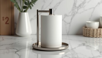 Elegant paper towel roll mockup, paper towel roll placed in stylish metal holder, positioned on marble countertop with subtle reflections, soft diffused lighting
