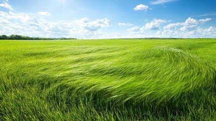 Grassland sways in the wind under a bright blue sky