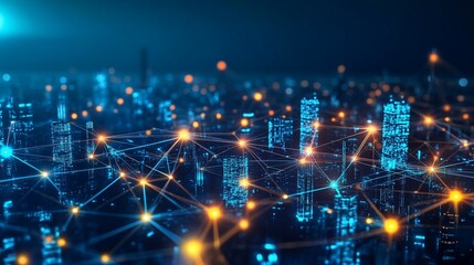 Obraz premium Digital City Network: Interconnected Infrastructure with Glowing Data Points
