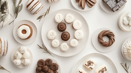 Flatlay of assorted delicious pastries and sweets in brown and white colors.