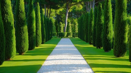 Neatly trimmed trees line a bright stone path in garden