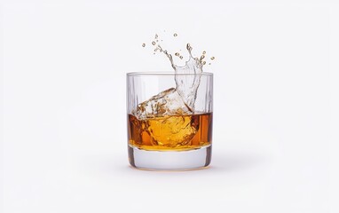 Splashing Ice in Whiskey Glass on White Background