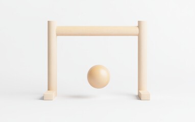 Balanced wood structure with sphere on white backdrop