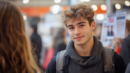 Obraz premium A French student attending a career fair or networking event at a university