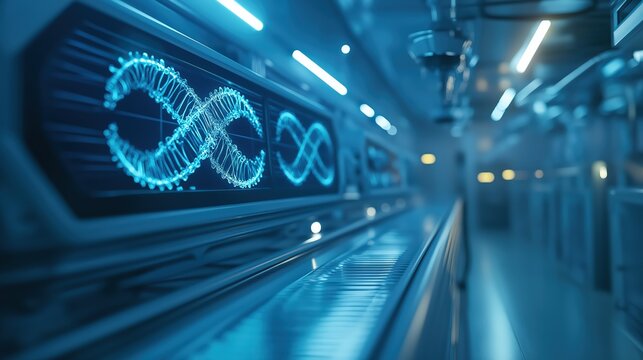 Futuristic Blue Lit Laboratory Corridor With Glowing Infinity Symbols