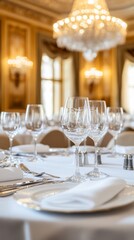 Elegant dinner table setting in grand ballroom
