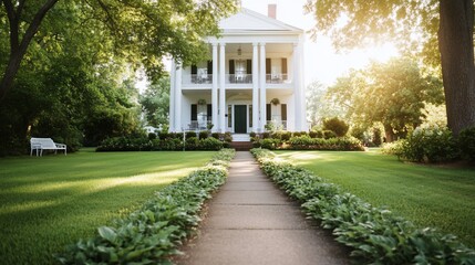 Obraz premium Elegant Southern mansion, sunny garden path. Real estate, home sale