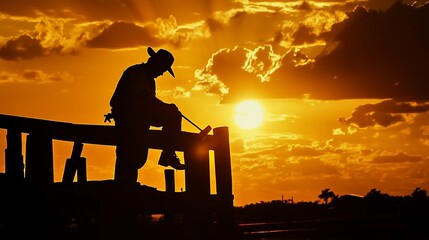 Obraz premium Silhouetted figure sits on a wooden structure against a vibrant orange sunset backdrop