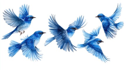 Five vibrant blue birds in flight, showcasing their graceful wings against a white background