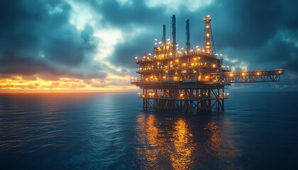 3D petroleum extraction platform, abstract offshore refinery, glowing neon pipes, cinematic energy tones, highdefinition oceanic scene, soft sunlight glow
