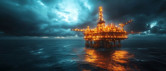 Fototapeta premium Abstract offshore drilling rig, advanced petroleum plant, neoninfused refinery pipes, hyperrealistic textures, floating above stormy seas, ultraHD render