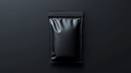 Black matte sachet mockup, luxurious packaging design, clean topview perspective, fine texture details, realistic shadows, professional presentation