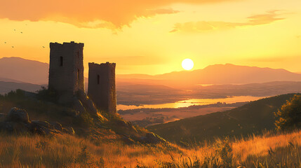 Obraz premium Two ancient stone towers stand on a hilltop overlooking a valley and the sea at sunset. Eternal Sunset Valleys. Illustration
