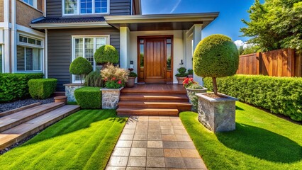 Obraz premium Stylish Suburban Home Entrance: Potted Grass & Wooden Path Drone View