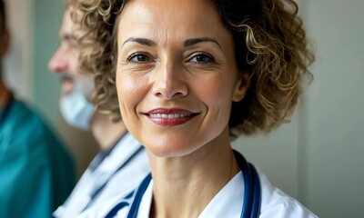 A confident female doctor leads a compassionate medical team, showcasing professionalism and dedication to patient care in a modern healthcare setting.