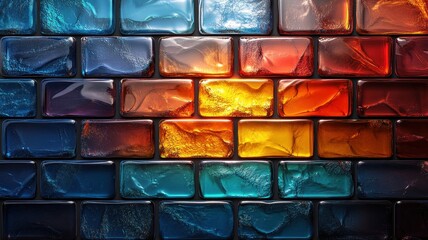 Vibrant Multicolored Glass Brick Wall with Illuminated Centerpiece in Abstract Artistic Design