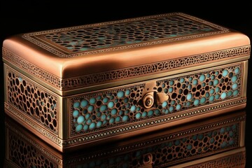 Ornate Copper Box with Turquoise Inlay Intricate Metalwork Design on Dark Reflective Surface