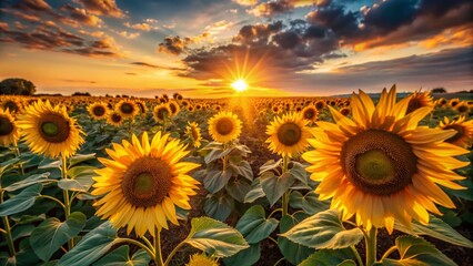 Fototapeta premium Sunflowers Sunset Golden Hour Field Summer Rural Landscape
