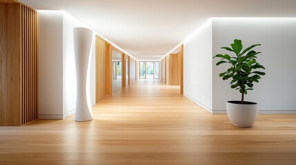 Obraz premium Modern hallway with wooden accents and recessed lighting design