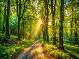 Obraz premium Sunlit Forest Path: Panoramic Early Summer Morning