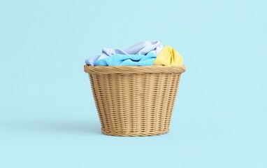 Woven Basket with Colorful Laundry on Blue Background