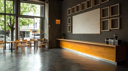 Fototapeta premium Modern Cafe Interior Design Minimalist Wooden Counter Empty Wall Art City View