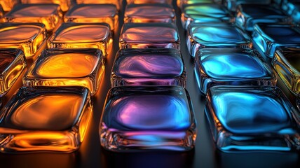 Fototapeta premium Colorful Glass Blocks with Vibrant Reflections in Abstract Geometric Pattern on Dark Background