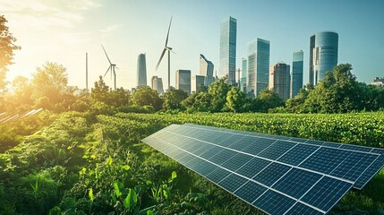 Sustainable Energy in a Modern City with Solar Panels and Wind Turbines