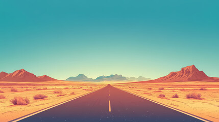 Desert highway with distant mountains, close-up, clear blue sky and unending horizon, desolate beauty, no humans. Eternal Sunset Valleys. Illustration