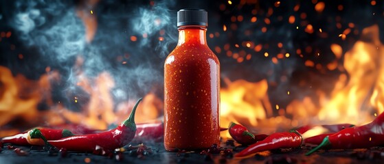 Hot sauce bottle with blank label mockup, surrounded by fiery red chili peppers, smoke swirling around, intense heatinspired design, vibrant visuals