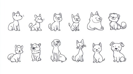 Adorable cartoon puppies and kittens sitting; white background; pet adoption