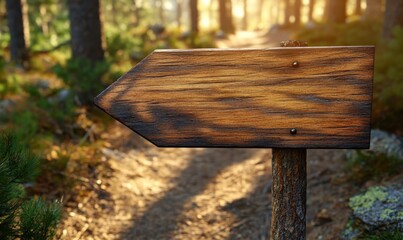 Fototapeta premium Wooden directional signpost in a serene forest setting with sunlit trees in the background