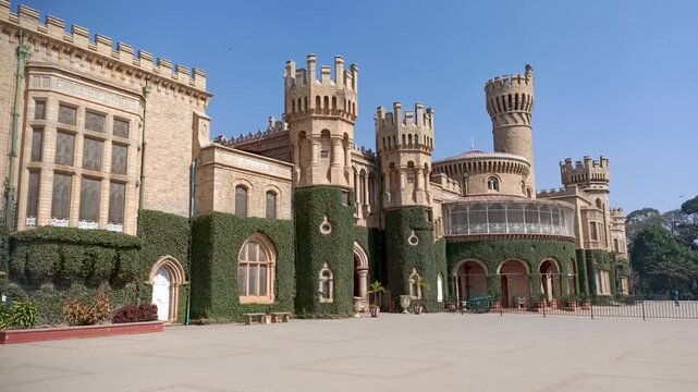Bangalore, Karnataka, India- February 6 2025; Pan view of the Iconic Bangalore Palace architecture built in 1887, Tudor, Scottish Gothic style, famous tourist attraction in India.