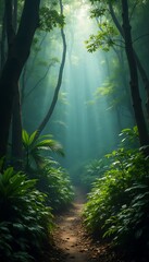 Obraz premium Generative AI Forest Path with Sun Rays Streaming Through the Trees