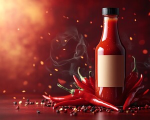 Bottle of hot sauce with a blank label, fiery red chili peppers scattered around, smoky tendrils rising, bold and spicy design, highcontrast composition