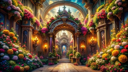 Fototapeta premium Surreal Baroque Cathedral Entrance with Enchanting Floral Panorama