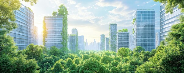 Obraz premium City concept with integrated green spaces, urban parks, trees along streets, sustainable living, modern architecture and nature collaboration