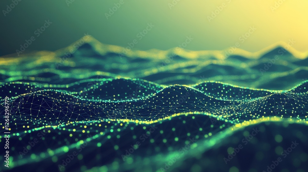 Poster green low-poly triangular field for advanced 3d technology visualization.