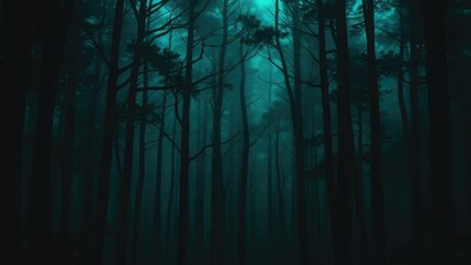 Obraz premium Mysterious forest with dark teal green black gradient background, nature, trees, forest