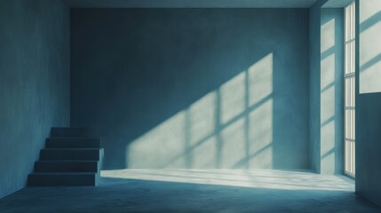 Obraz premium Modern interior with dusty blue tones and ample natural light for mockups.