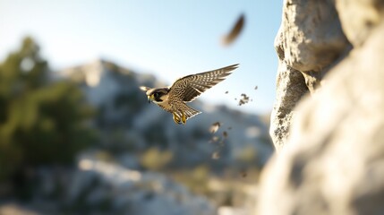 Fototapeta premium Falcon hunting near rocky cliff, sunset