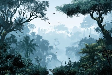 A tropical jungle with coniferous trees on a misty morning, birds and monkeys visible in the branches.